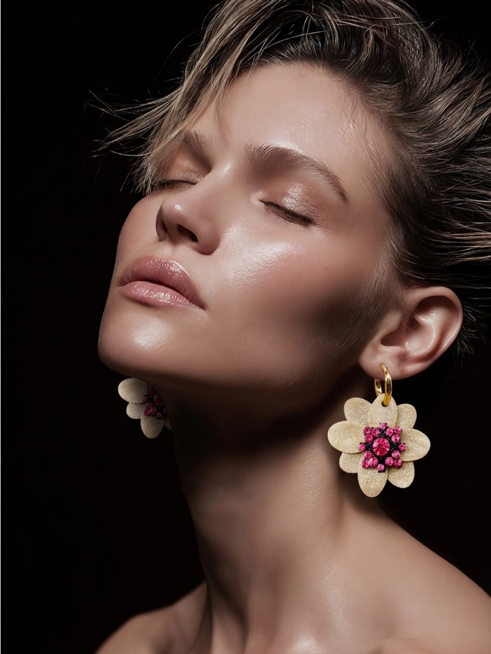 Handcrafted Fuchsia Crystal Flower Earrings with Gold Hoops - Picture 4 of 5